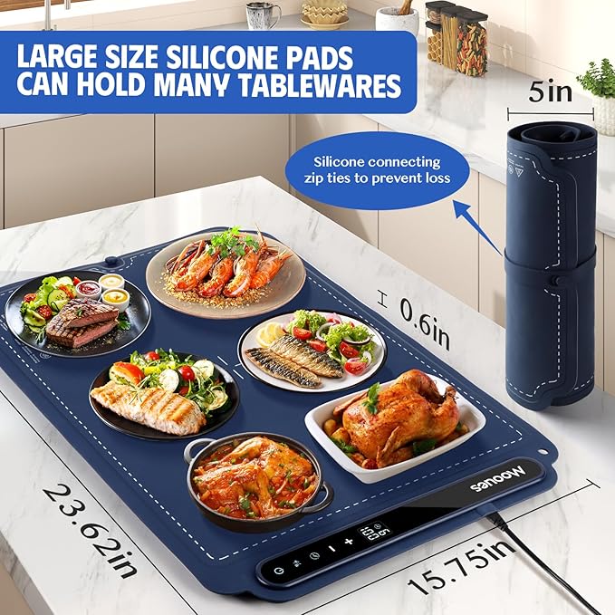 Electric Warming Tray, Portable Silicone Food Warming Mat, Versatile Full Surface Heating Food Warmer with 7 Level Temperature and 6 Hours Timer for Home Dinner, Parties and Buffets (Blue)
