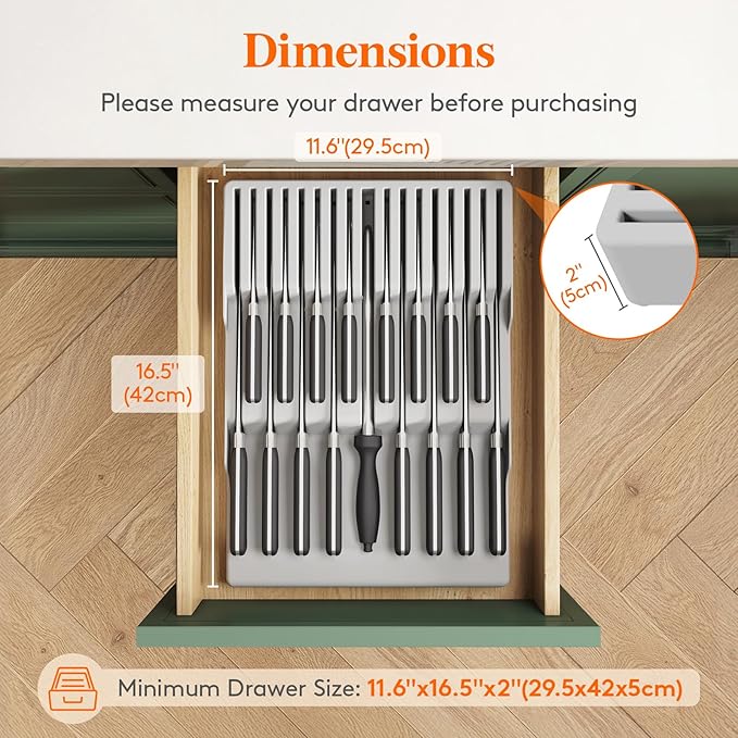 Lifewit Magnetic Drawer Knife Organizers Insert, Kitchen Plastic In Drawer Knife Block Slots for 16 Knives and 1 Sharpening Steel, Extra Large Steak Chefs Knives Holder Storage Sets, Gray