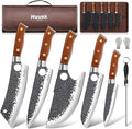 Huusk Butcher Knife Set, 8pcs Viking Chef Knife Set with Roll Bag, High Carbon Steel Forged Viking Knife, Meat Cleaver, Kitchen Knives Sets for Cooking Camping BBQ, Gift for Men Husband