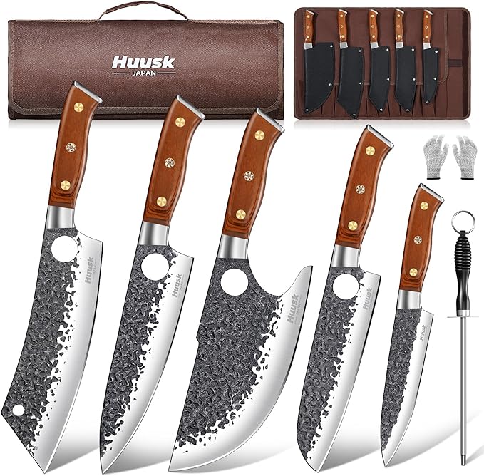 Huusk Butcher Knife Set, 8pcs Viking Chef Knife Set with Roll Bag, High Carbon Steel Forged Viking Knife, Meat Cleaver, Kitchen Knives Sets for Cooking Camping BBQ, Gift for Men Husband