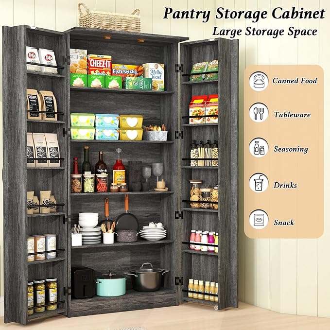 Tall Kitchen Pantry Cabinet: Food Pantry Cabinets for Kitchen Storage, Grey Wood Storage Cabinet with 2 Doors, Farmhouse Cabinets with Freestanding Cupboard (Grey)