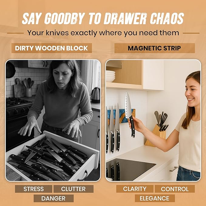 Magnetic Knife Holder for Wall 16 Inch |Premium Wood & Blue Resin| Epoxy Knife Magnetic Strip, Kitchen Knife Block Holder with Strong Magnet, Space-Saving, Handcrafted Style & Easy to Install