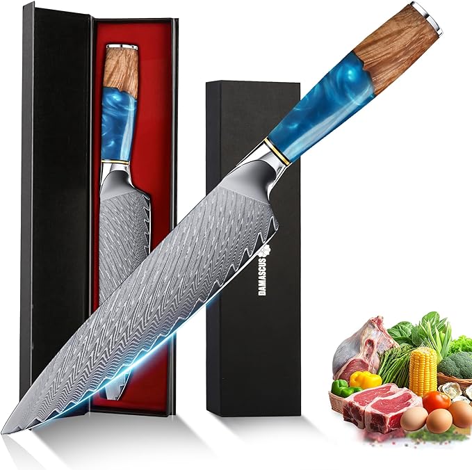 8" Chef's Knife, Japanese Damascus Chefs Knife 67 Layers High Carbon VG10 Steel Core with Resin & Burl Ergonomic Handle, Gift Box
