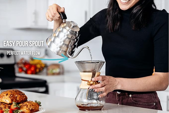 Barista Warrior Gooseneck Kettle for Pour Over Coffee and Tea with Thermometer for Exact Temperature, Precision Pour Drip Spout, Compatible with all Stove Tops (Matte Black, 1.2 Liter, 40 fl oz)