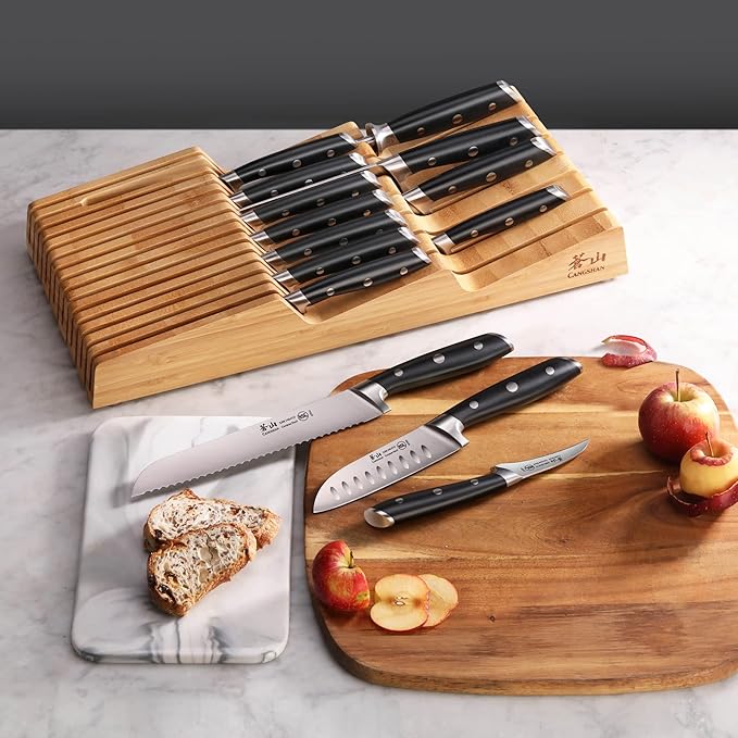 Cangshan ALPS Series 502810 German Steel Forged 15-Piece In-Drawer Knife Set with Bamboo Tray, (Black)