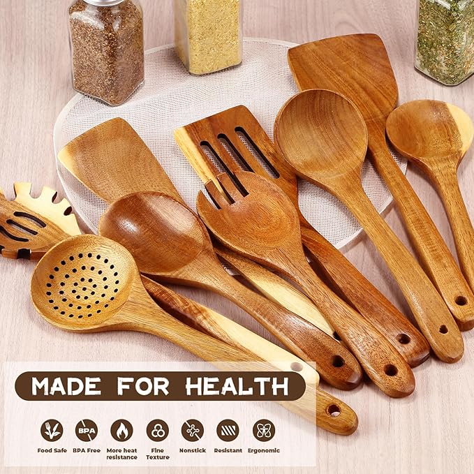 Wooden Spoons for Cooking, 9 Pieces Natural Acacia Kitchen Utensils Set, Long Handles Heat Resistant Kitchen Wooden Cookware for Nonstick Pan (9)