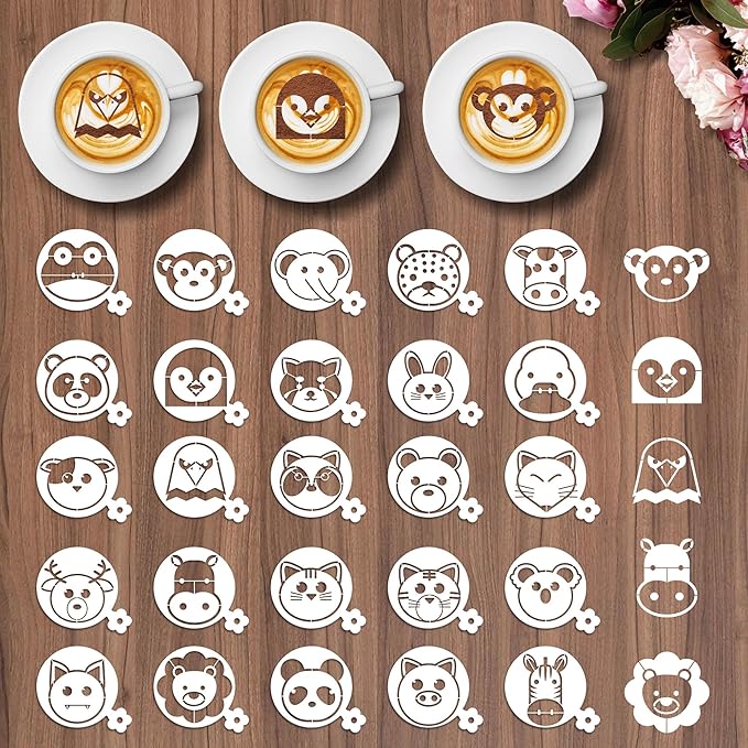 Animal Coffee Cookie Stencils - Small Animal Pattern Cute Stencils for Cookies Latte Art Bread, Reusable Template Dogs Cat Elephant Design