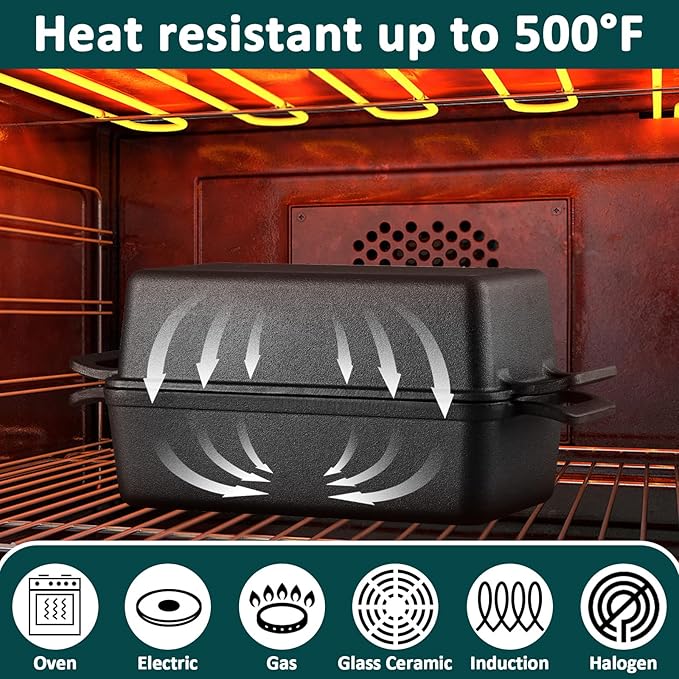 Leonyo 9 x 6 inch Cast Iron Loaf Pan with Lid, 2-in-1 Sourdough Baking Pan, Pre-seasoned Loaf Dutch Oven for Homemade Bread, Pound Cake, Lasagna, Up to 500℉ & Black
