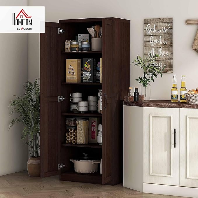 HOMCOM 63" 2-Door Kitchen Pantry, Freestanding Storage Cabinet with 5-Tier Shelving and 2 Adjustable Shelves for Dining Room, Cinnamon Cherry Wood Grain
