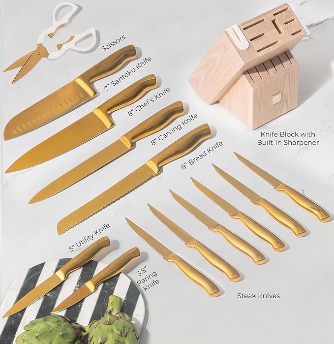 Gold Knife Set for Kitchen with Block and Sharpener – 14-Piece Razor Sharp Titanium Gold Knives with Ashwood Block and Built-In Sharpener – Stylish Kitchen Accessories for Cooking and Prep