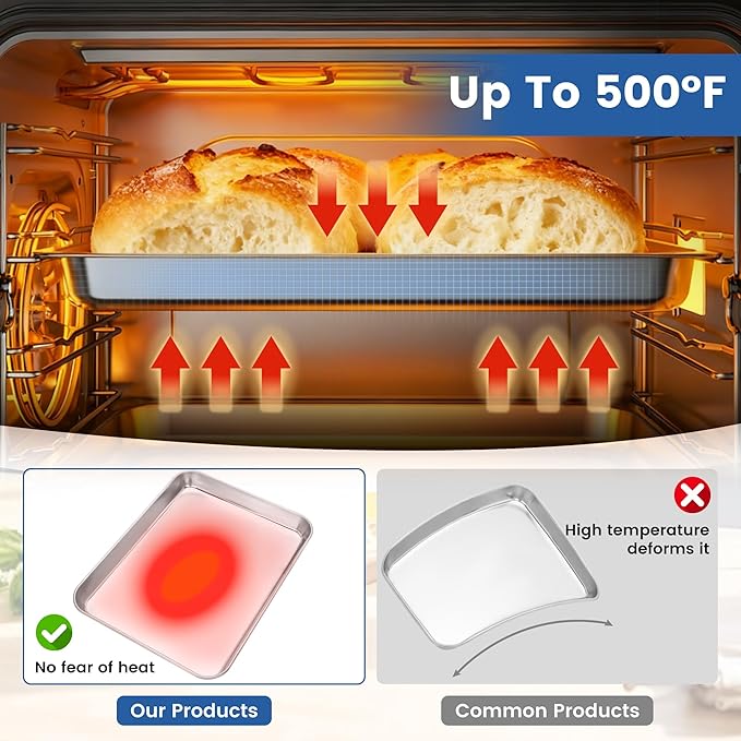 6 Pack Stainless Steel Baking Sheet Pans, 12.5" L × 9.6" W × 1" H Cookie Sheets for Toaster Oven, Rust-Resistant, Dishwasher Safe