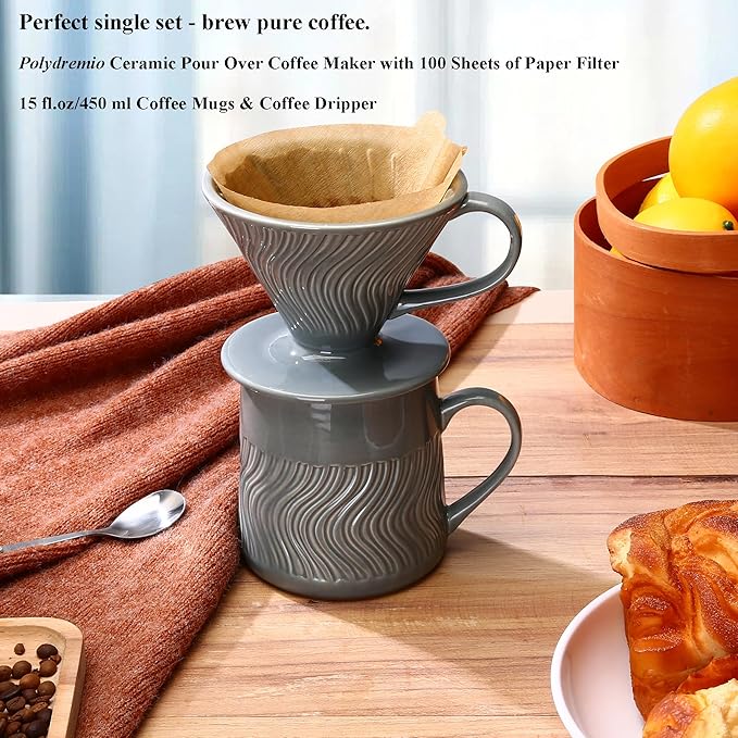 Pour Over Coffee Maker with 100 Sheets of V60 Paper Filter, 15 oz Ceramic Coffee Mug & Coffee Dripper, 1 Cup-Single brew coffee set, Grey