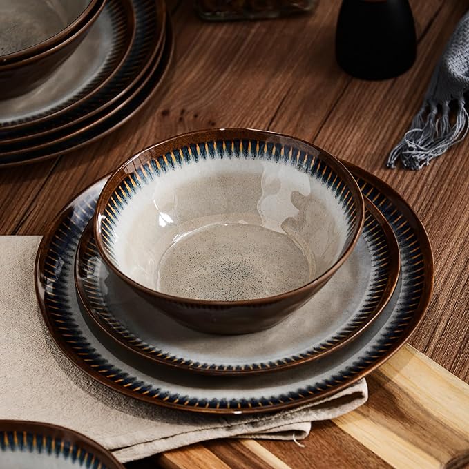 Melamine Dinnerware Set, 12 Pcs Dishware Sets, Plate and Bowl Set Service for 4, Lightweight and Unbreakable Dinnerware Sets for Camping, Great for RV, Dishwasher Safe, Sahara Beige and Blue