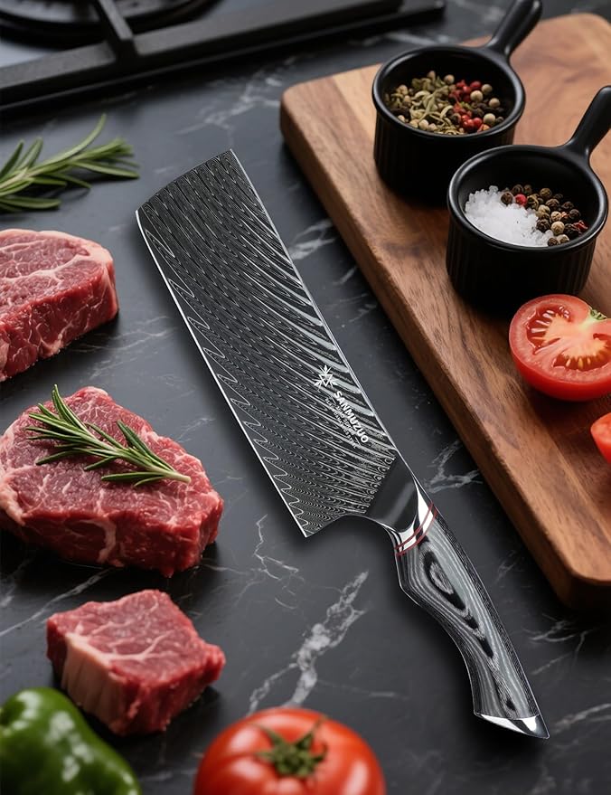 Japanese 7" Nakiri Knife - Professional Kitchen Knives - Japanese Usuba Knife - Black Damascus Steel with Ergonomic Handle - MIAO Series