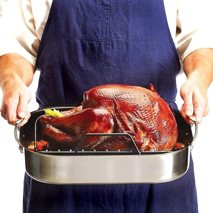 All-Clad Specialty Stainless Steel Large Roaster with Nonstick Rack 13x16 Inch Oven Broiler Safe 500F Roaster Pan, Pots and Pans, Cookware Silver