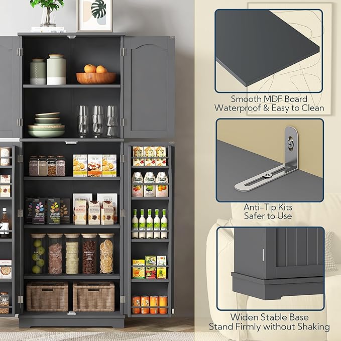 Yusong 64'' Grey Kitchen Storage Cabinet, Tall Pantry Cabinet with Doors and Shelves, 17 Cubic Feet, Freestanding for Kitchen, Dining, Living Room