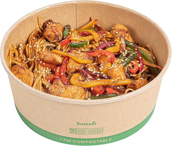 Restaurantware Compostable Paper Food Containers 200 Pack Of 50 oz BPI-Certified Round Kraft Salad Bowls Disposable Grease-Resistant Meal Prep Take Out Containers For Ice Creams, Soups, Snacks