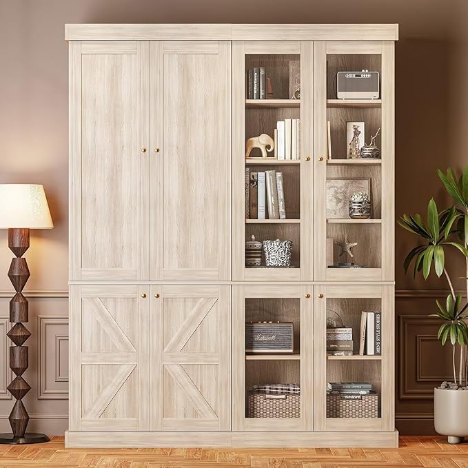 70.8" Tall Farmhouse Bookshelf, Modular Bookcase with Glass Doors, 6-Tier Adjustable Shelves, Large Storage Cabinet for Kitchen, Living Room, Brown, Set of 2