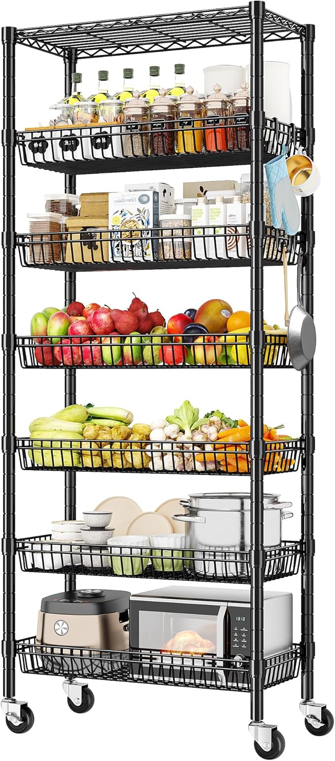 7 Tier Wire Shelving with Wheels 72" H Adjustable Basket Shelf Storage Shelves with Hooks for Kitchen Bathroom Pantry Shelves Closet Laundry Room Organization 72" H x 30" W x 14" D, Black
