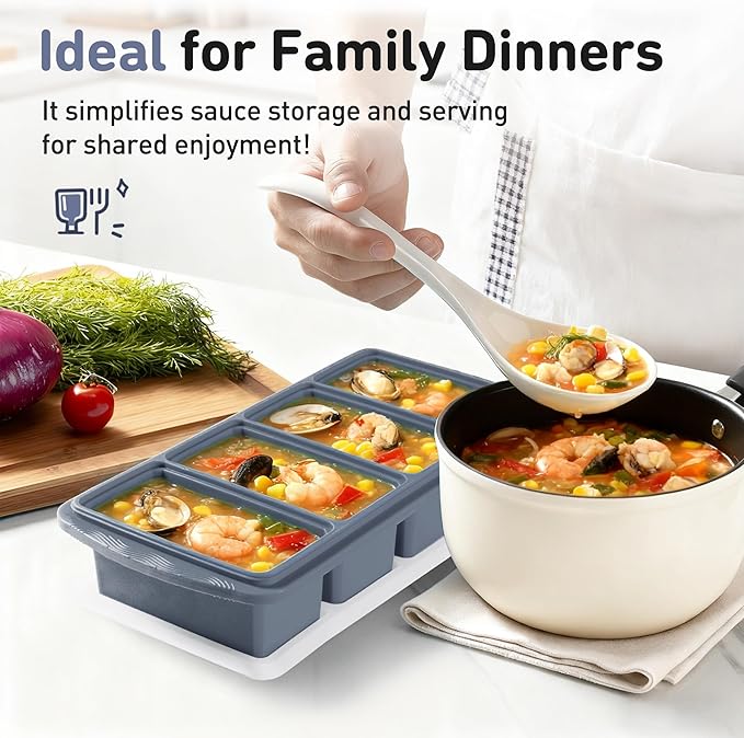 Silicone Freezer Tray with Lid Soup Freezer Container Molds with Steel Reinforced Rim Large Ice Cube Tray Makes 8 Perfect 1 Cup Portions Cubes Storage Food Meal Prep Containers Kitchen Mold