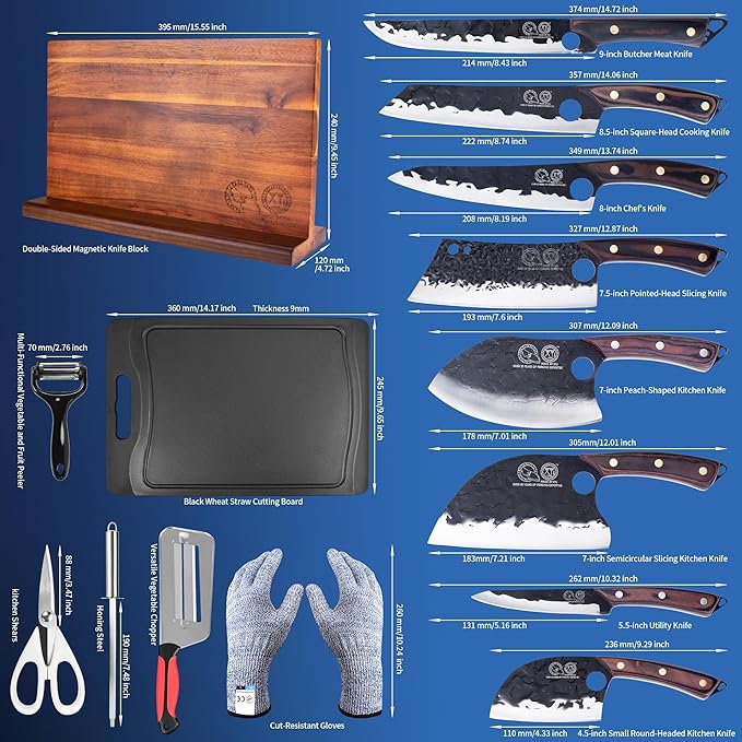XYJ Knife Block Set, Knives Set with Holder, Cutting Board, Scissors, Gloves, Sharpening Stick, Washing Cloth, High-Carbon Steel Blades, Chef's Knives, Cleaver, Carving Knife, Nakiri, Full Tang Design
