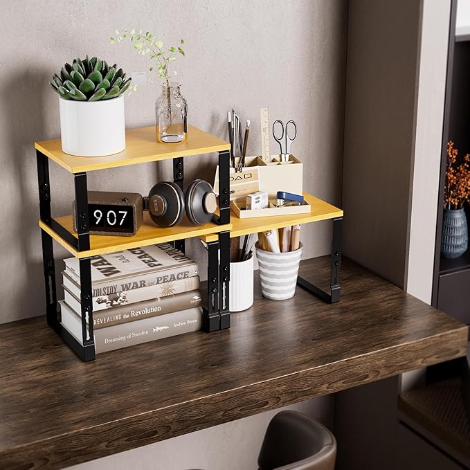 Adjustable Storage Shelves for Kitchen Cabinet Organization - Set of 2 Stackable Metal & Solid Wood Racks, Space-Saving Design for Countertop/Pantry/Garage, Easy Assembly(1 Pack/Large/Black)
