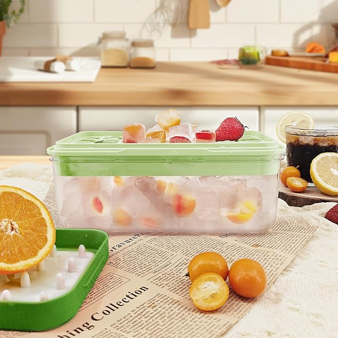 Satax Silicone & Plastic Ice Cube Trays with Lids and Bin - Durable, BPA-Free, Easy Release, Perfect for Cocktails, Coffee & More (2, green)
