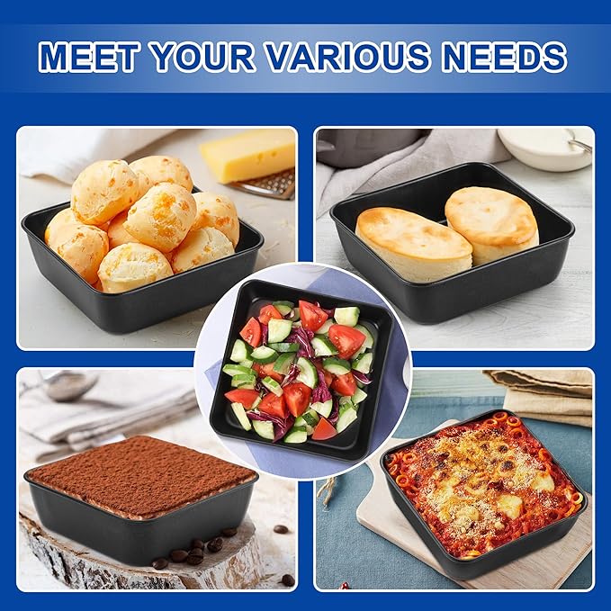 E-far 6 Inch Square Cake Pan, Nonstick Small Baking Pan with Stainless Steel Core for Brownies Lasagna Cakes, Non-toxic & Easy Clean, 2 Inch Deep (Black)