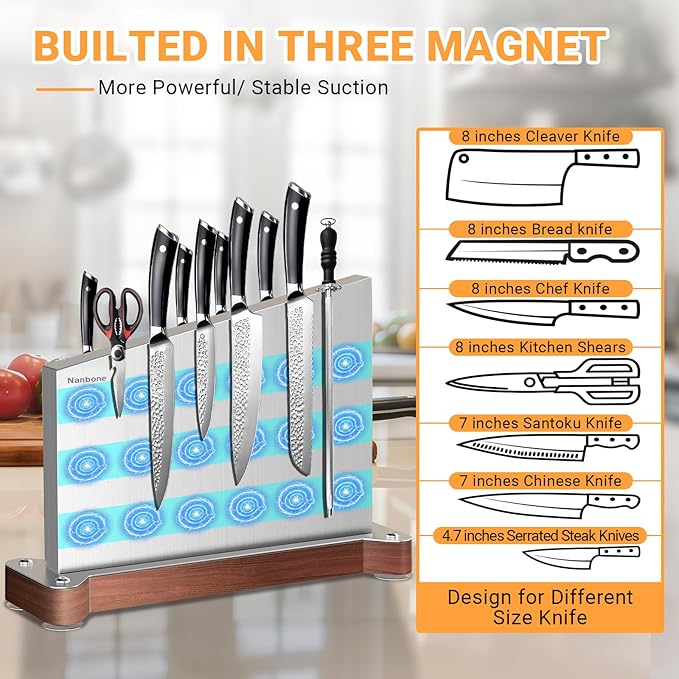 Magnetic Knife Block Without Knives Large Double Side Magnetic Knife Holder Stand with Strong Magnet, Stainless Steel Knife Storage Organizer for Kitchen Counter Knife Rack Three Magnet Strip
