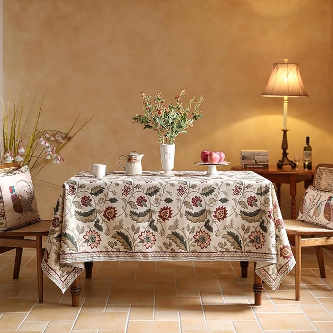 ISAENNE Designer Provence Floral Table Cloth for Rectangle Table,Linen Colorful Washable Indoor Tablecloth,Durable Decor Tablecloths for Dining Thanksgiving Kitchen Christmas,55"*79"-Ratina