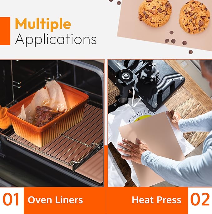 Teflon Sheets for Heat Press and Baking - Reusable PTFE Oven Liners, Premium Teflon Sheet for Baking - Heat Resistant Range Mat - Food Safe, BPA & PFOA Free - Large 16" x 20” (3-Pack)