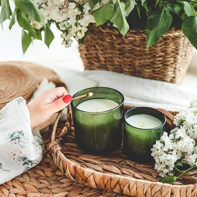 SHOWIN Thick Candle Jars for Making Candles 16 Pcs, 7 OZ Empty Jars with Wood Lids for Candle Making, Sample Container, Green