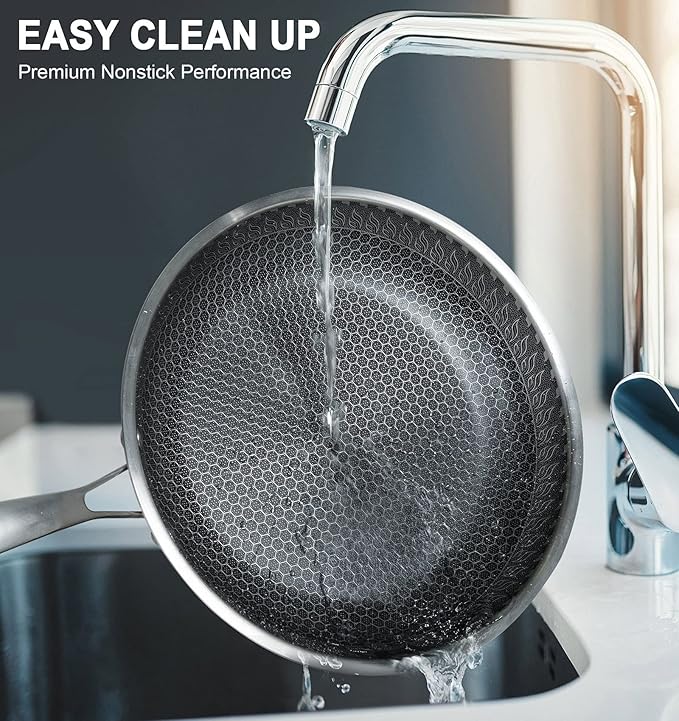 MICHELANGELO Stainless Steel Frying Pan Set with Lids, 9.5 & 11 Inch Frying Pans Nonstick, Stainless Steel Fry Pan Set, Honeycomb Pans for Cooking, Skillet with Lid - Induction Compatible