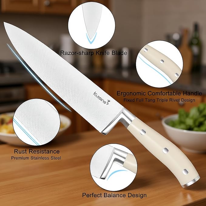 Kuisine Kitchen Chef Knife Set Upgraded,High Carbon Stainless Steel Ultra Sharp Blade Ergonomic Handle,Knife Block Set with Built-in Sharpener,Elegant Gift for Holiday(Acacia Ivory,15PCS)