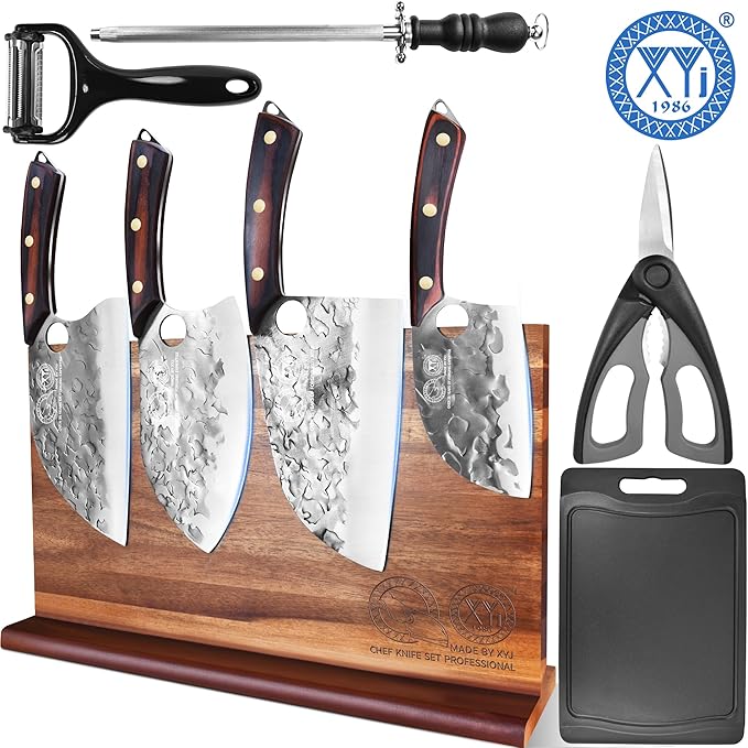 XYJ Authentic Since 1986,Kitchen Knife Block Set,High Carbon Steel Blades,Knives Set with Wooden Magnetic Knife Block,Sharpening Steel,Cutting Board,Cleaver Slicing Knife,Wood Handle