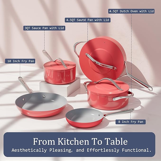 Nonstick Ceramic Sauté Pan with Lid (4.5 qt, 11") Deep Frying Pan for All Cooktops Non Toxic Skillet PTFE/PFAS Free Dishwasher & Oven Safe up to 500°F w/Stainless Steel Handle, Fusion Red