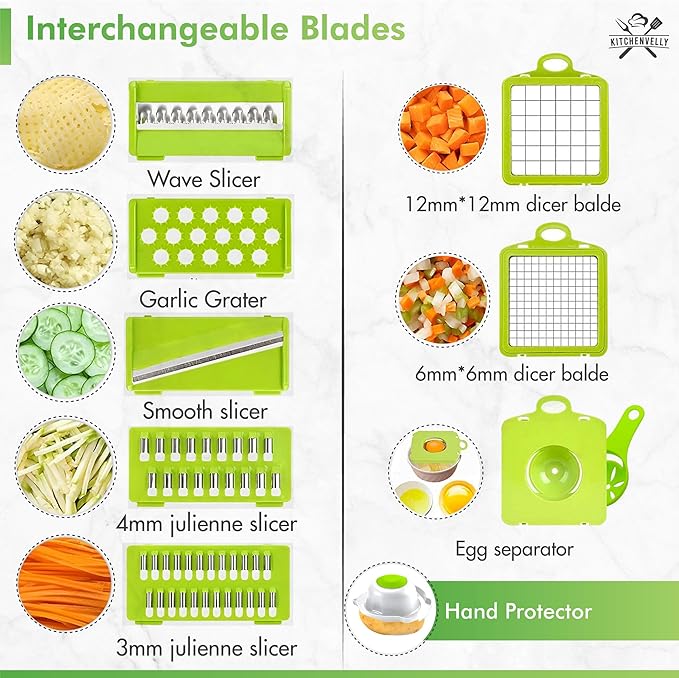 16-in-1 Vegetable Chopper and Slicer with 8 Blades – Veggie Cutter, Dicer, Food Chopper with Container & Lid – Multi-Purpose Kitchen Tool for Easy Meal Prep (White)