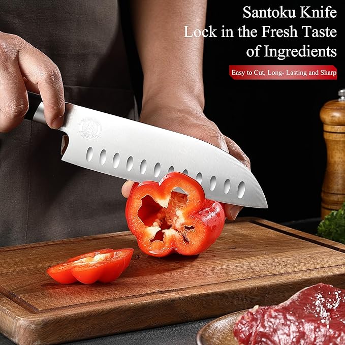 Kitory Santoku Knife - 7 Inch Full Tang GRANTON BLADE Kitchen Knife - Chef Knife for Chopping Vegetables- Forged German High Carbon Steel -2024 Gifts