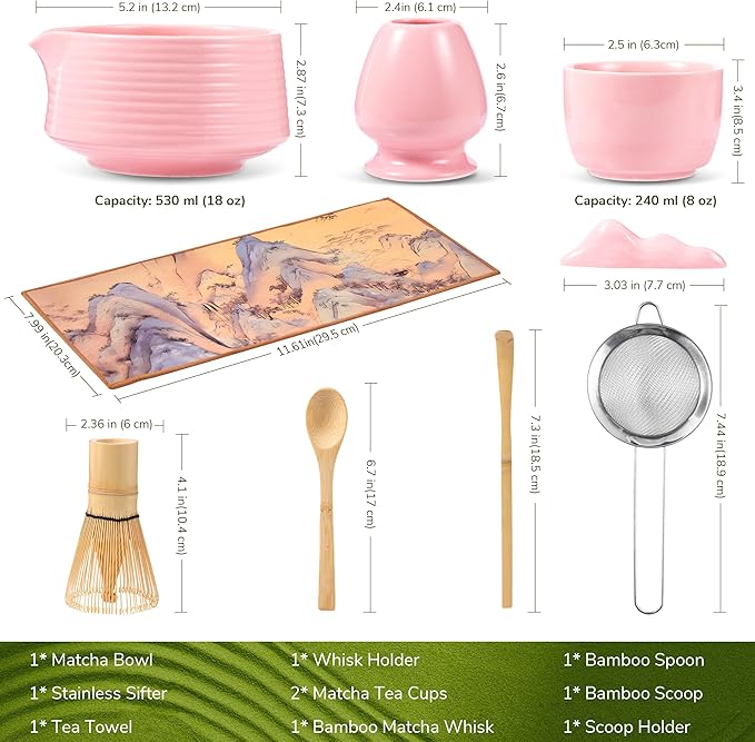 HELPLX Matcha Whisk Set 10-Piece Japanese Matcha Kit with BowlWhisk & Holder2 Tea CupsBamboo ScoopSpoonSifterScoop Rest & Tea Towel – Pink Matcha Tea Set for Ceremony or Daily Use
