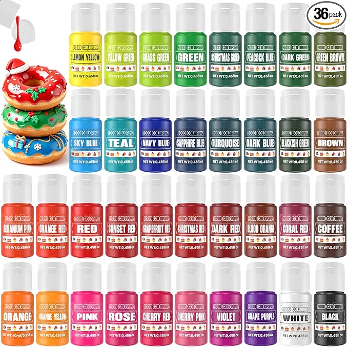 Food Coloring - 36 Colors Liquid Food Dye Set, Concentration Food Color for Christmas Cake Decorating, Baking, Easter Egg, Icing, Fondant, Cooking, Slime Making Kit and DIY Crafts - 0.45oz/Bottles