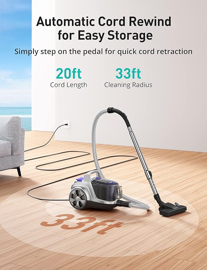 Aspiron Canister Vacuum Cleaner, 30Kpa Bagless Vacuum Cleaners, 3.7QT Large Dust Cup, Double HEPA Filter, Retractable Cord, 1600W Lightweight Vacuum Cleaner with 5 Tools for Hard Floors, Lavender