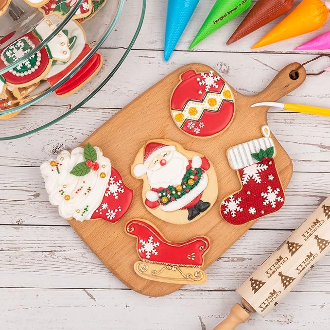 Flycalf Christmas Cookie Cutters Cupcake Shapes with Plunger Stamps Fall Holiday PLA Baking Accessories Cutter Molds Gifts for Kids Decorative Party 3.5" Kitchen Cake Supplies