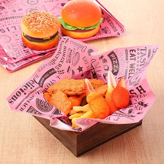 Outus 600 Pcs 12 x 12 Inch Deli Wax Paper Sheets Grease Resistant Tray Basket Liners Newsprint Paper Water and Grease Proof Sandwich Wrapping Square Hot Dog Wrappers for Food Baking (Pink,Black)