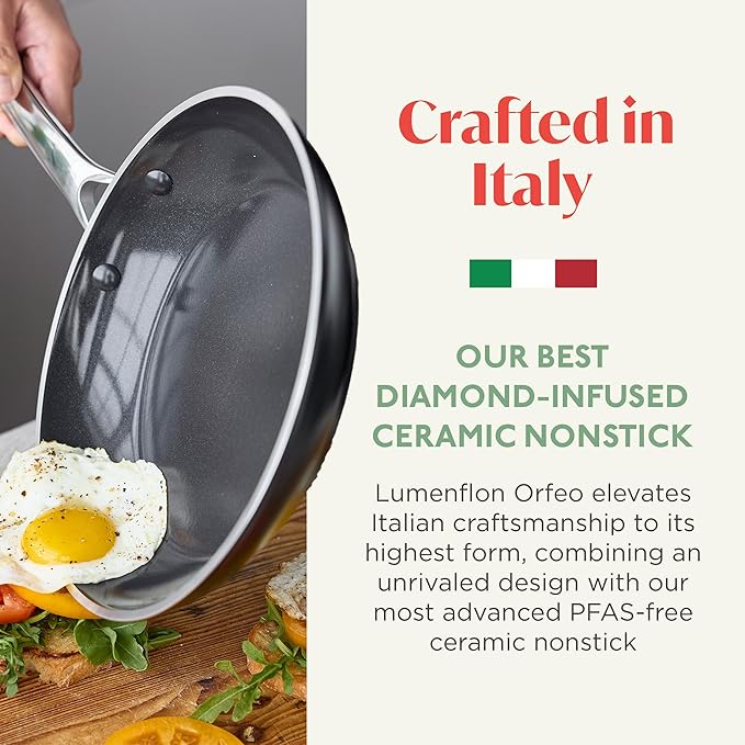 Orfeo 9.5” Nonstick Frying Pan, Made in Italy, Diamond Ceramic PFAS-Free Cookware, Induction Ready, Scratch Resistant, Laser-Fused Surface for Durability, Dishwasher Safe, Black
