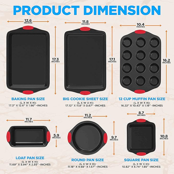 NutriChef 6-Piece Nonstick Bakeware Set - Carbon Steel Baking Pans Set w/ Heatsafe Red Silicone Handles, Oven Safe Up to 450°F, Loaf Muffin Round/Square Pans, Cookie Sheet, Baking Pan -NCSBS6S,Black