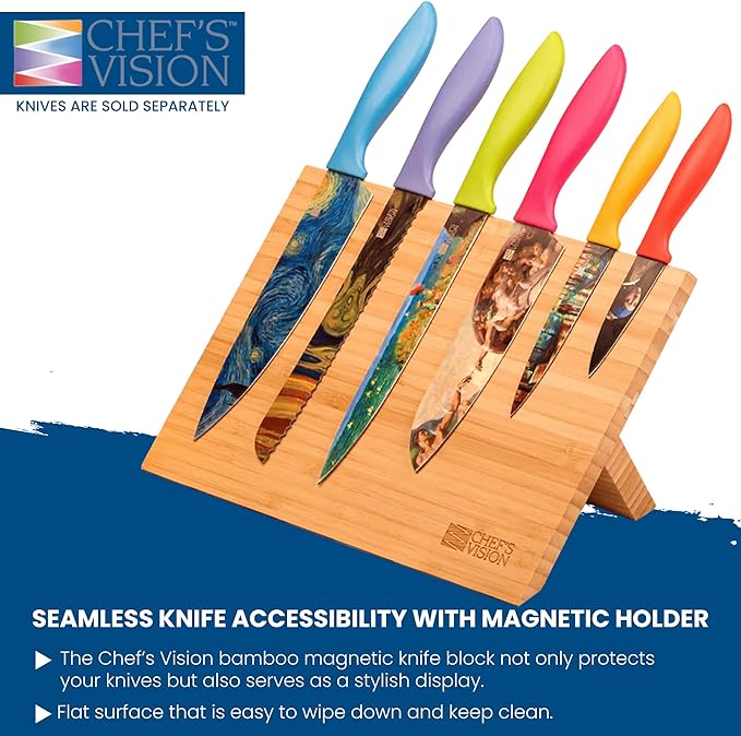 Chef’s Vision Magnetic Knife Block - Bamboo - Stylish Kitchen Magnetic Knife Holder - Elegant Free Standing Knife Display - Ideal for Colorful Knives - Sleek Kitchen Décor - Knife Block without knives