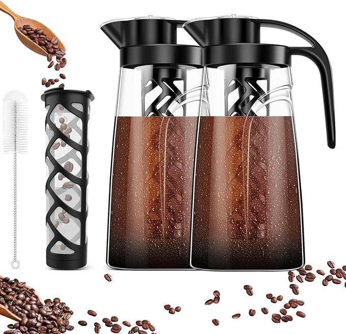Cold Brew Coffee Maker, 70 oz (2100 ml) BPA Free Tritan Pitcher, Iced Coffee Maker and Tea Brewer, 100% Leak-Proof, Easy to Clean Reusable Mesh Filter, Black (2 Pack)