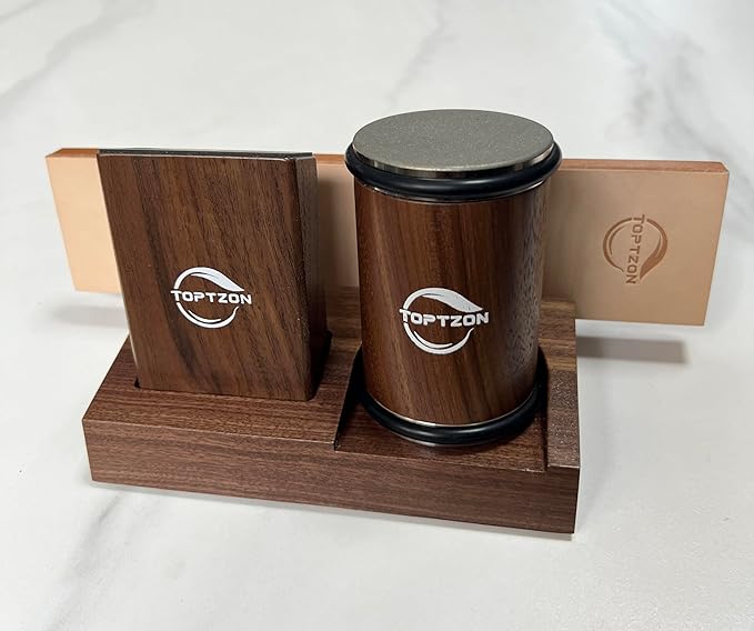 Toptzon Diamond Walnut Rolling Knife Sharpener – Roller Knife Sharpener Kit with 15 & 20 Degree Magnetic Angle Stand & Leather Strop Paddle Kit - Easy Sharpening for Kitchen Knife (Modern Walnut)