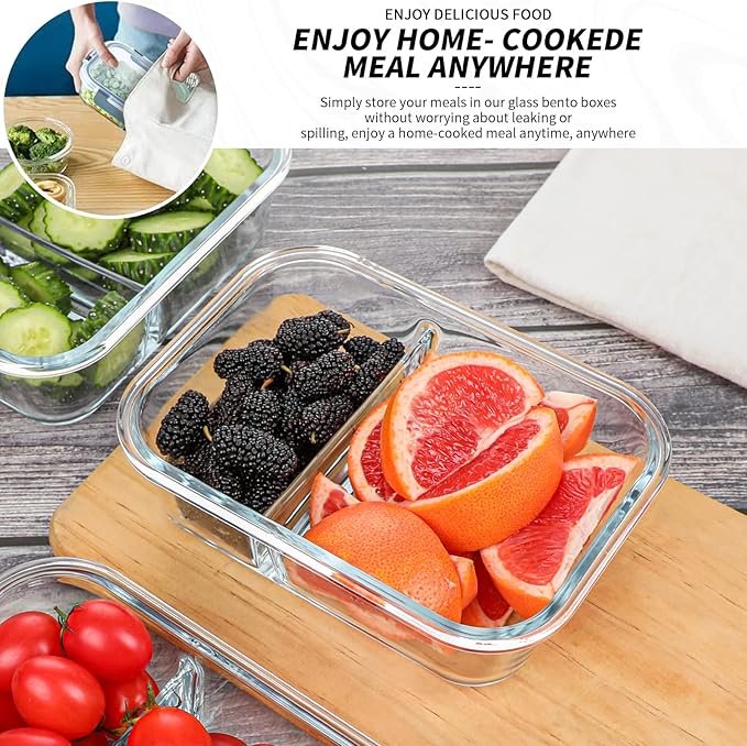 KOMUEE 10 Packs 30oz Glass Meal Prep Containers 2 Compartments,Glass Food Storage Containers with Lids,Airtight Lunch Bento Boxes,Microwave,Oven,Freezer and Dishwasher Safe