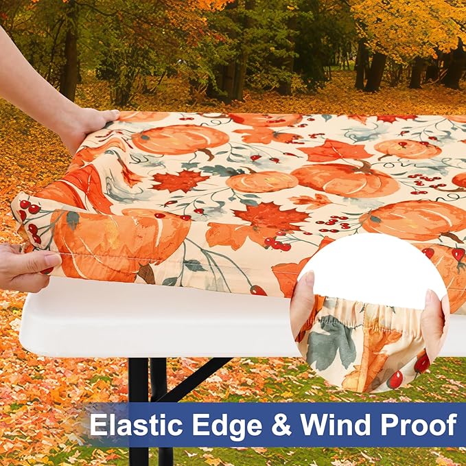 homing Rectangle Table Cloth Cover, Waterproof Polyester Elastic Fitted Tablecloth, Fits for 6 Foot Folding Tables, Washable Table Protector for Fall, Thanksgiving (Pumpkin Vine, 30" x 72")